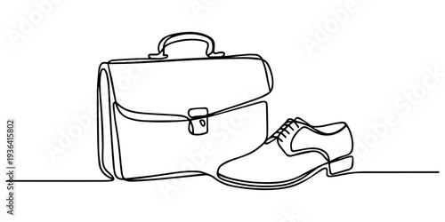 Briefcase and Leather Shoe Set continuous one line drawing, Elegant Leather Briefcase and Polished Shoes on Marble Surface, single line art pro vector illustration minimalist style.