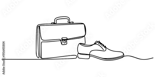 Briefcase and Leather Shoe Set continuous one line drawing, Elegant Leather Briefcase and Polished Shoes on Marble Surface, single line art pro vector illustration minimalist style.