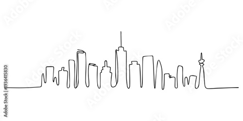 Modern city skyline panorama one line drawing, continuous line art of urban landscape with skyscrapers and towers, Philadelphia skyline continuous line drawing. Minimalist one line art of the cityscap