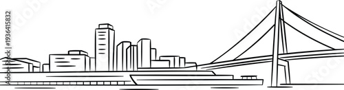 Abstract cityscape outline with prominent suspension bridge and boat on transparent background