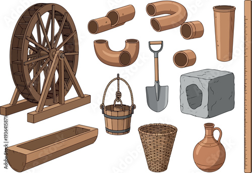 Collection of traditional pottery tools and equipment displayed on a clean surface