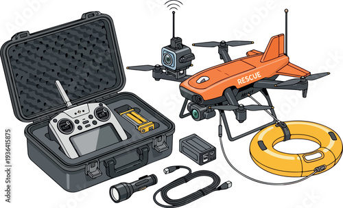 Drone equipment setup with controller, rescue accessories, and safety gear displayed together in a visual arrangement