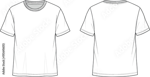 Blank white unisex tshirt vector mockup illustration displaying front and back views for apparel design flat sketch clothing template isolated.