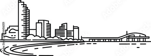Coastal city skyline with bridge and ocean waves line art illustration for architectural design