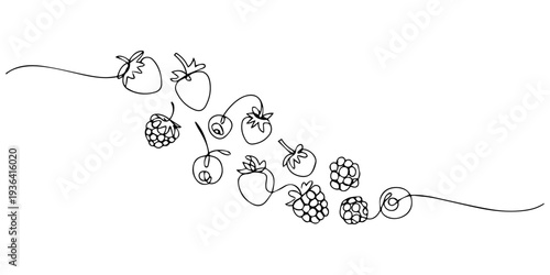 Fotografi Falling Mixed Berries with Strawberry continuous one line drawing, Isolated mixed berries in the air
