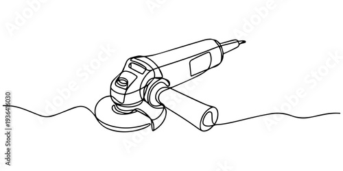 Line art of handheld electric angle grinder with cutting disc. Non editable stroke, grinder tool, polishing machine one line art. Continuous line drawing of repair, professional, hand, people, concept