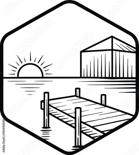 Coastal wooden pier sunset scene inside hexagonal frame with greenhouse and ocean reflection