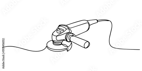 Line art of handheld electric angle grinder with cutting disc. Non editable stroke, grinder tool, polishing machine one line art. Continuous line drawing of repair, professional, hand, people, concept