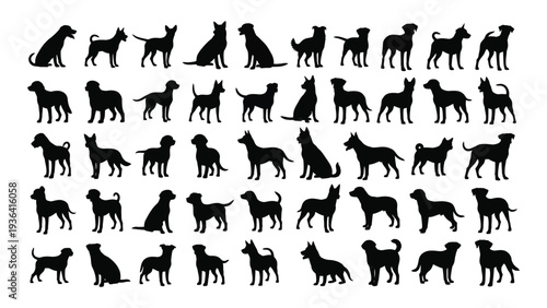 Collection of dog silhouettes in various poses and breeds