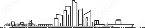 Continuous line drawing of a modern cityscape with waterfront and various ships