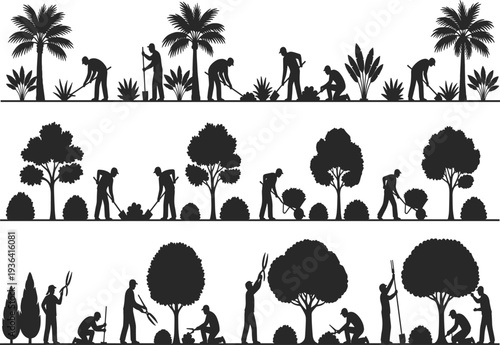Set of black silhouettes of gardeners landscaping, planting trees, pruning bushes, and digging isolated on white background for garden service design,