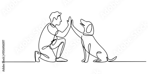 One single line drawing of young happy boy giving high five gesture to his puppy dog at outfield park. Pet care and friendship concept, One Line Drawing of a Dog Giving a High Five to its Owner, Dynam