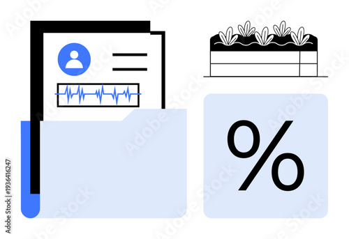 Healthcare, data management, agriculture, analytics, financial metrics, statistics. Medical folder with records, percentage symbol crop box. Healthcare and data management concept