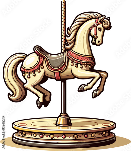 Cartoon Carousel Horse Rearing on Golden Platform with Red Tassel Saddle and Striped Pole Complete Merry Go Round Ride Vector Illustration