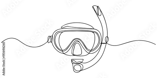 Snorkel Mask with Accents continuous one line drawing, Continuous line art drawing of snorkeling water mask with tube, one line drawing of swimming mask icon.single line vector illustration of diver's