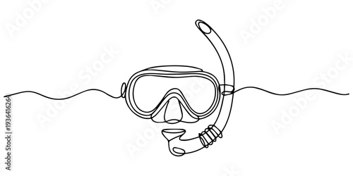 Snorkel Mask with Accents continuous one line drawing, Continuous line art drawing of snorkeling water mask with tube, one line drawing of swimming mask icon.single line vector illustration of diver's
