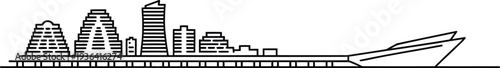 Modern city skyline with cruise ship docked at pier minimalist line art graphic
