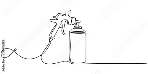Spray Paint Gun with Silver Can continuous one line drawing, Vector illustration of a spray paint gun, paint can, arranged on a white background.