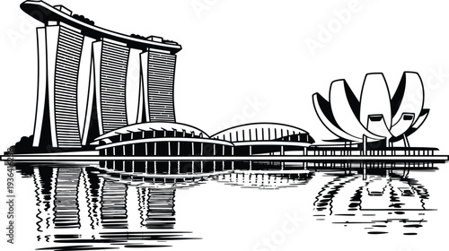Singapore marina bay sands and artscience museum skyline black and white vector sketch design
