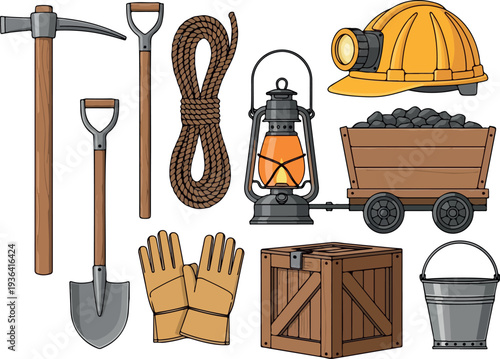 Collection of mining tools and equipment arranged neatly on a white surface from a top-down viewpoint