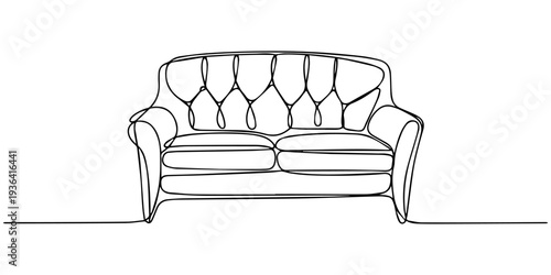 Two Seater Sofa with Tufted Back, Continuous one line drawing of a modern minimalist living room sofa with two soft cushions. stylish furniture design element in simple black outline art style on pro.