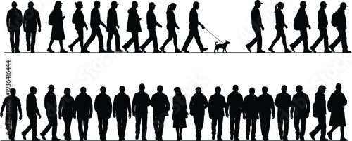 Set of black silhouettes of diverse people walking, commuting, and walking a dog isolated on white background for urban design,