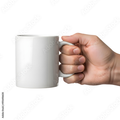 Hand holding white ceramic travel mug with handle isolated on transparent background