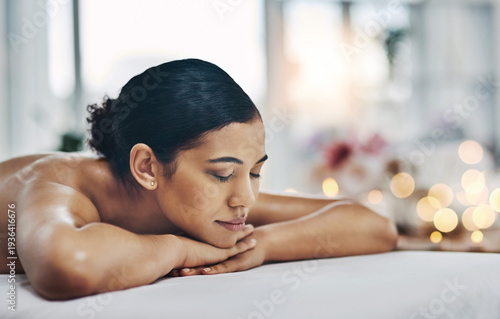 Fényképezés Calm, woman or sleeping with massage at spa for muscle tension relief or mental health on bed
