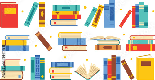Colorful Books Collection Cartoon Set Open Book Stack Library Literature Education Reading Study Vector Illustration