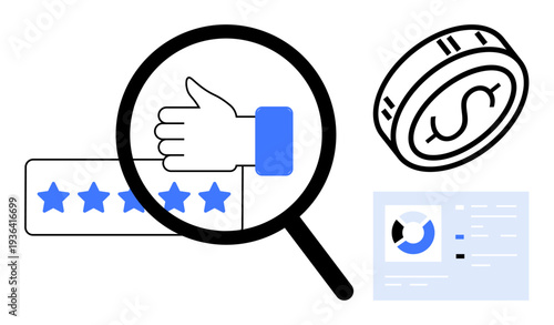 Customer feedback. Digital icons including thumbs up, star ratings, and pie chart to customer feedback. Customer feedback linked to financial performance. For business, marketing, analytics, user