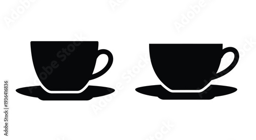Two black teacups and saucers depicted in a simple flat graphic style