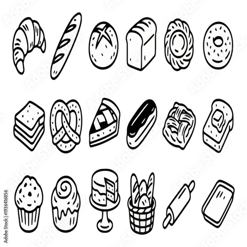 A variety of food items are shown in a line drawing style Vector