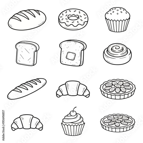 A variety of baked goods are shown in a line drawing Vector