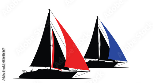 Stylized illustration of three sailboats with contrasting colored sails