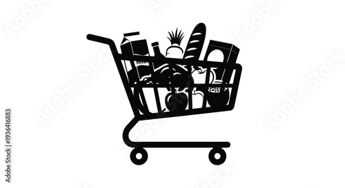 Black silhouette of a shopping cart filled with various grocery items