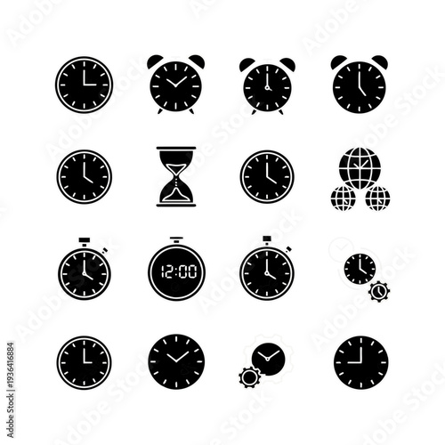 A collection of various clock and watch icons in black and white Vector