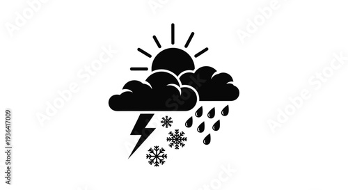 A black silhouette depicting a storm with sun rain snow and lightning