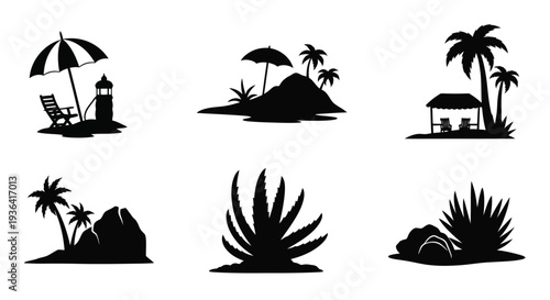 Tropical island scene with palm trees beach chair and lighthouse silhouettes