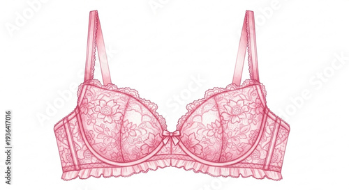 Elegant lace bralette in soft pink with delicate floral pattern and thin straps isolated on white background, Vector
