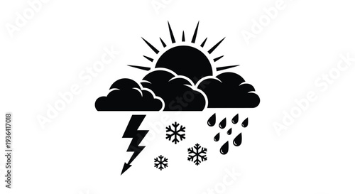 Black silhouette of stormy weather sun clouds lightning rain and snowflakes