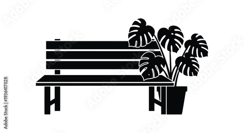 A minimalist black and white illustration of a park bench and monstera plant