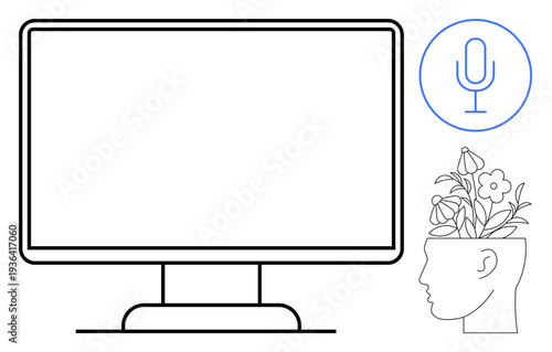 Blank computer screen, microphone icon, and human head with blooming flowers symbolizing creativity, innovation, and digital storytelling. Ideal for technology, podcasting, creativity, learning