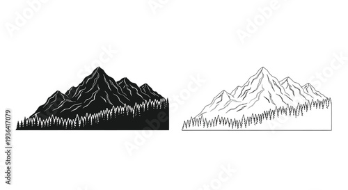 Two mountain range illustrations one solid one outlined with evergreen trees