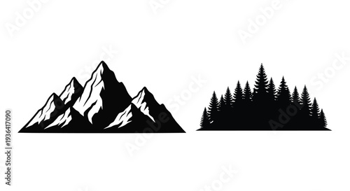 Black and white illustration depicting mountains and a dense forest