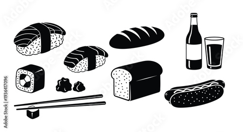 Black and white illustration of sushi bread a drink and a hotdog