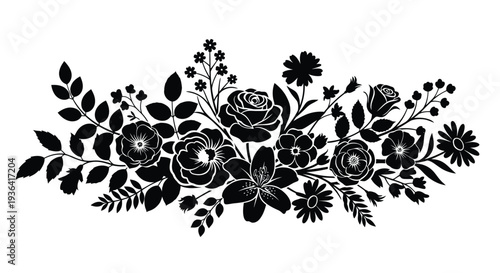 Elegant black silhouette of a floral arrangement with roses and leaves