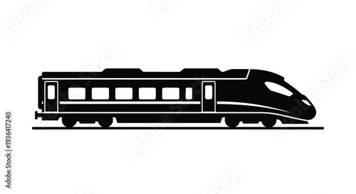 A black silhouette of a modern high speed passenger train on tracks