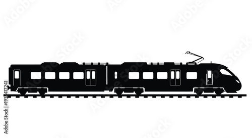 A black silhouette of a modern high speed passenger train on tracks
