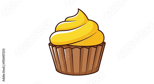 A vibrant illustration of a yellow frosted cupcake with a brown liner
