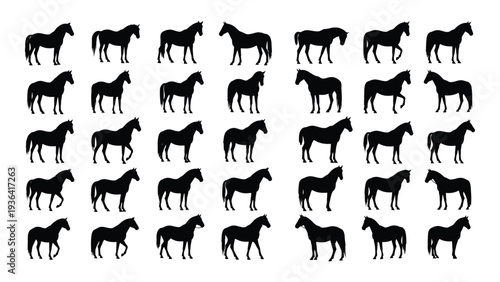 A group of black horse silhouettes standing in rows